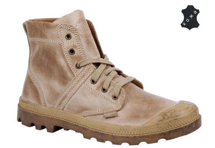 Кожаные мужские ботинки Palladium Pallabrouse Lea 2 03079-240 бежевые &nbsp;Отличный выбор стильных и ярких ботинок для уверенных и стильных мужчин! Изделие выполнено из натуральной кожи прекрастного бежевого цвета. Такая обувь определенно привлечет к Вам внимание и подчеркнет хороший вкус своего обладателя. Ботинки подарят Вам удобство и комфорт благодаря утолщеной подове и высокой шнуровке. Модель украшена логотипом бренда на язычке.