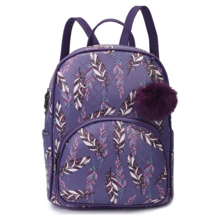 Рюкзак кожаный OrsOro женский на молнии с одним отделением DW-835/6 перья на фиолетовом 