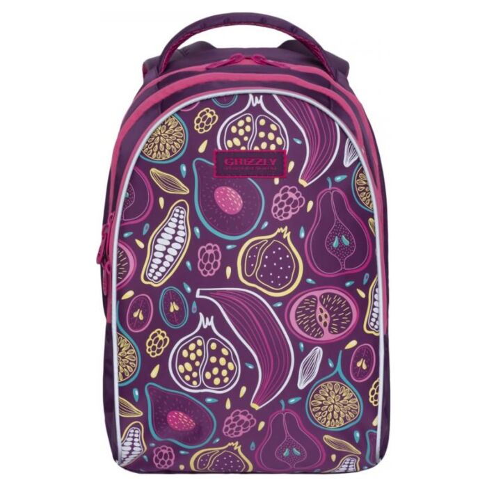 Школьный рюкзак GRIZZLY для девочек с тремя отделениями и анатомической спинкой RG-967-3/1 фрукты 