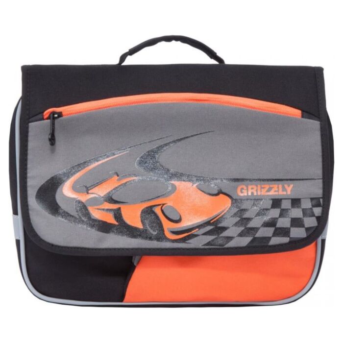 Рюкзак детский GRIZZLY RK-997-1/4 для мальчиков с клапаном на липучках и одним отделением на молнии черный - серый - оранжевый 