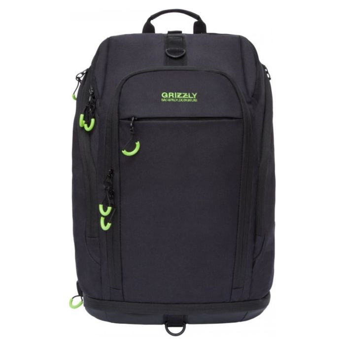 Рюкзак молодежный GRIZZLY мужской сумка-трансформер с одним отделением на молнии RQ-906-1/2 черный - салатовый 
