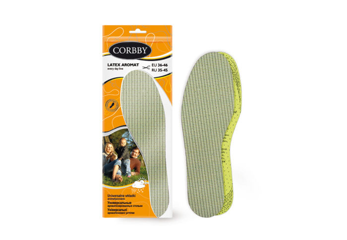 Стельки универсальные ароматизированные Corbby Latex Aromat &nbsp;Подарите себе комфорт! Универсальные ароматизированные стельки Corbby Latex Aromat выполнены из двух слоев. &nbsp;Двухслойные универсальные стельки изготовлены из мягкой латексной пены, покрытой слоем хлопчатобумажной ткани. Амортизирующие свойства латексной пены подарит Вашим стопам комфорт и удобство при ходьбе. Латекс, пропитанный лимонным ароматом, подарит ощущение свежести и приятный запах на длительное время.